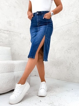 Spódnica damska jeansowa midi z rozcięciem elastyczna wysoki stan S/36