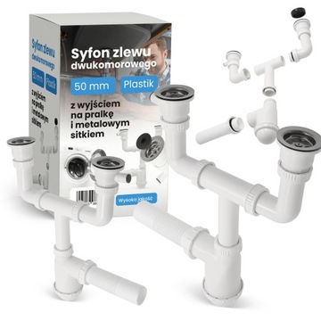 Syfon Zlewu DWUKOMOROWY 50 mm Kuchenny Odpływ Podwójny WYJŚCIE PRALKI Sitko