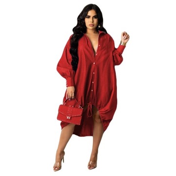 Plus Size dresses Drawstring Patchwork Shirt Dress