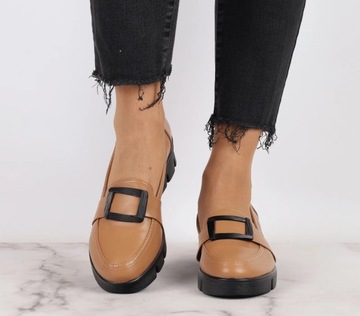 Karmelowe półbuty damskie wsuwane mokasyny eleganckie i wygodne r.36