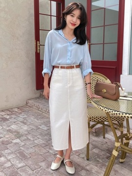 SPÓDNICA JEANSOWA BIAŁA PROSTA CASUAL MIDI L 1ŁTA