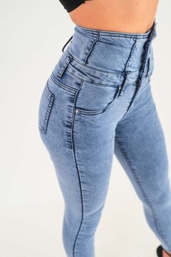 Damskie dekatyzowane spodnie jeansowe rurki wysoki stan wiązanie z tyłu L