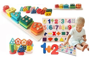 MONTESSORI Układanka sensoryczna x2 drewniana 2w1 literki cyferki puzzle