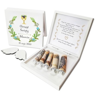 PAMIĄTKA CHRZTU ŚWIĘTEGO PUDEŁKO DREWNIANE NA PIENIĄDZE PREZENT CHRZEST