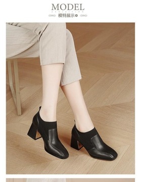Czarne, małe, skórzane buty damskie na wysokim obcasie w stylu angielskim