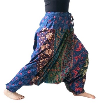 Szarawary spodnie alladynki haremki joga granatowe wzory bawełna Indie