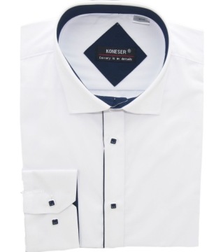 KOSZULA MĘSKA BIAŁA GRANATOWE DODATKI DŁUGI RĘKAW 40/41 KW133