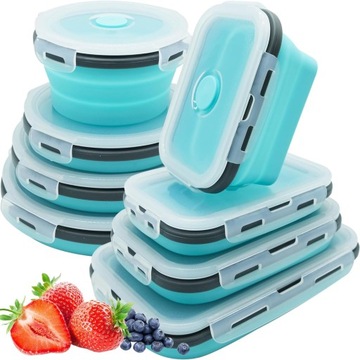 KOMPLET 8 POJEMNIKÓW ŻYWNOŚĆ SKŁADANE SILIKONOWE 350/500/800/1200ml
