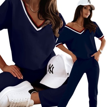 Женские спортивные комплекты, модная блузка, брюки, V-образный вырез, темно-синие вставки, L/XL
