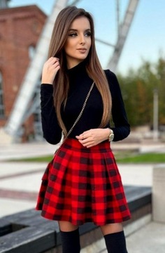 SPÓDNICA MINI w KRATKĘ Czerwoną ROZKLOSZOWANA w ZAKŁADKI PREZENT ŚWIĘTA L