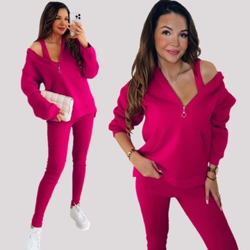 Dámske tepláky komplety 3 dielna mikina top legíny zips fuchsia L/XL