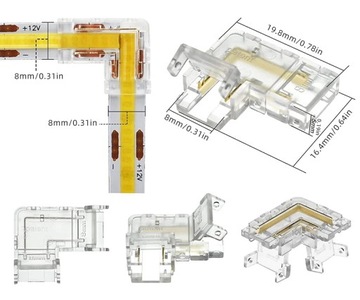 Złączka kątowa do taśm COB LED 8mm łącznik 90° zacisk szybki montaż klikana