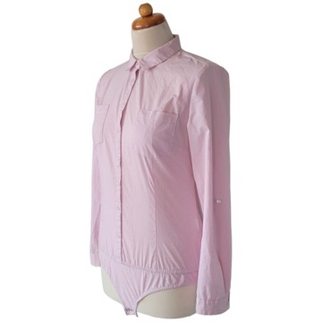 Różowa koszula damska body w białe paski M długi rękaw bluzka biurowa