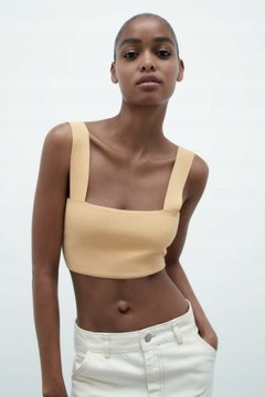 Zara NG8 brp dzianinowy beżowy crop top na ramiączkach S