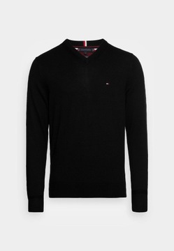 sweter meski tommy hilfiger czarny w serek elegancki małe logo bawełniany