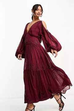 ASOS DESIGN – Ciemnoczerwona zdobiona sukienka warstwowa maxi