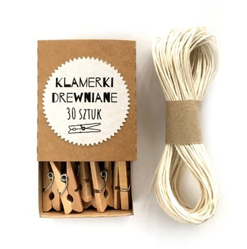 Sznurek papierowy 10 m klamerki drewniane 30 szt