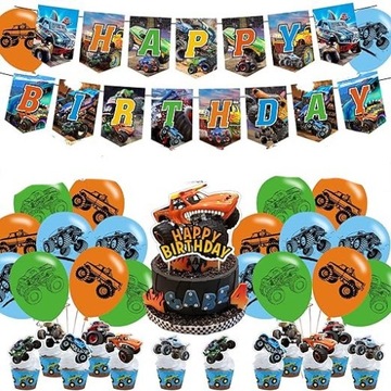 MONSTER TRUCK ZESTAW DEKORACJI URODZINOWYCH MIX 45 CZĘŚCI