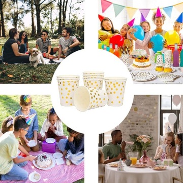 60 sztuk kolorowych kubków papierowych, 250 ml, papierowe kubki złote kropk