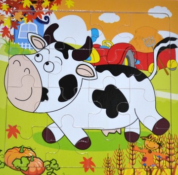 EDUKACYJNE PUZZLE DREWNIANE 16 elementów Krówka