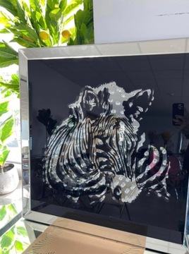 LUSTRZANY szklany OBRAZ ścienny duży Zebra pantera z kryształkami 80x80