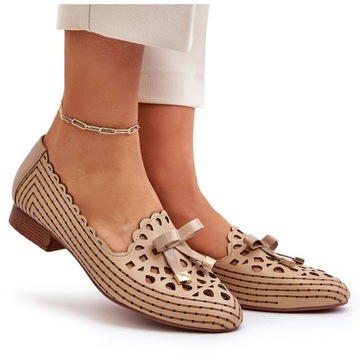 АЖУРНЫЕ БАЛЕТКИ ЖЕНСКИЕ НА ПЛОСКОМ КАБЛУКЕ С БАНТОМ, БЕЖЕВЫЙ 39