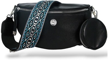 NERKA CZARNA SASZETKA DAMSKA POJEMNA NIEBIESKI SZEROKI PASEK ELEGANCKA