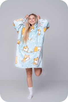KOC BLUZA Oversize Gruba KOCOBLUZA 2w1 XXL Wzór SHIBA Futrzak z Kapturem