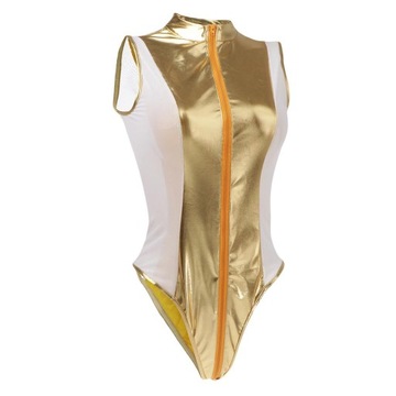 Damskie body Wetlook Catsuit kombinezon na zamek błyskawiczny złoty kolor M
