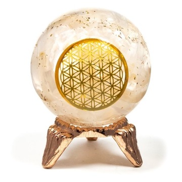 Orgonit Kula z Selenitu symbol Flower of Life Odpromiennik na podstawce śre