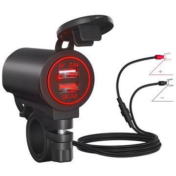 ЗАРЯДНОЕ УСТРОЙСТВО ДЛЯ МОТОЦИКЛА + КНОПКА + 2xUSB КРАСНЫЙ СВЕТ