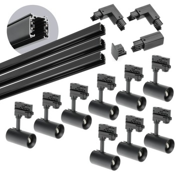 Zestaw szynowy 3 fazowy 9x Lampa GU10 + 3x szyna 1m + 2x łącznik L CZARNY