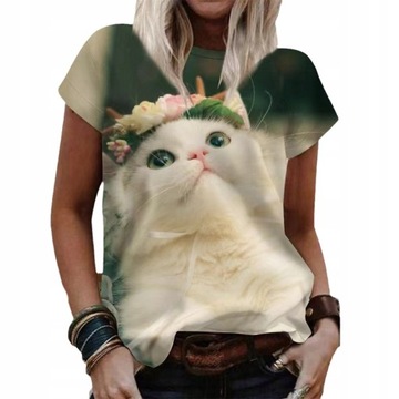 T-SHIRT DAMSKI KOSZULKA WZÓR 3D KOTEK FULLPRINT