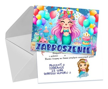 ZAPROSZENIA DLA DZIECI DZIECIĘCE URODZINOWE SYRENKA MAŁA SŁODKA + KOPERTA