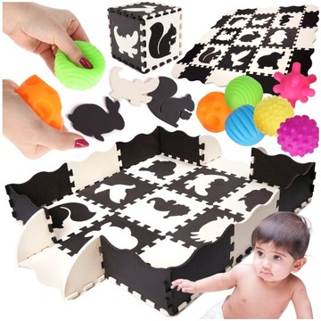 MATA EDUKACYJNA PUZZLE PIANKOWE KOJEC DLA DZIECI + PIŁKI SENSORYCZNE 6SZT.