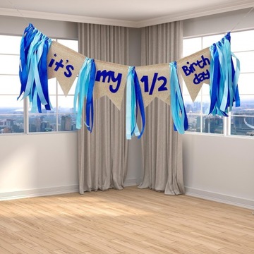 Баннер на стульчик из мешковины Баннер на стульчик для фото на 6 месяцев, синий реквизит