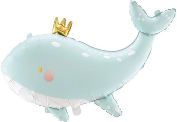 BALON FOLIOWY WIELORYB Z KORONĄ BŁĘKITNY NIEBEISKI BABY SHOWER NA HEL 78 CM