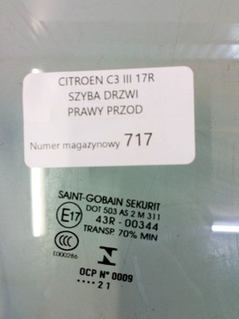 CITROEN C3 III 17R SKLO (OKNO) DVEŘE BOČNÍ PRAVÝ PŘEDNÍ