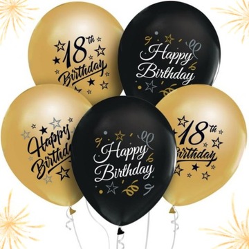 BALONY CZARNE ZŁOTE 18 URODZINY OSIEMNASTKA ZESTAW 5szt DEKORACJA BALONOWA