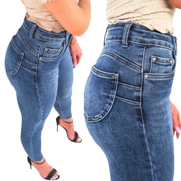 Dopasowane spodnie damskie klasyczne jeansy push up elastyczne rurki S