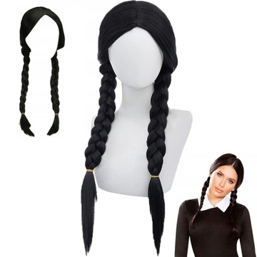 WEDNESDAY ADDAMS PERUKA DŁUGIE CZARNE PROSTE WŁOSY WARKOCZE PARTY COSPLAY