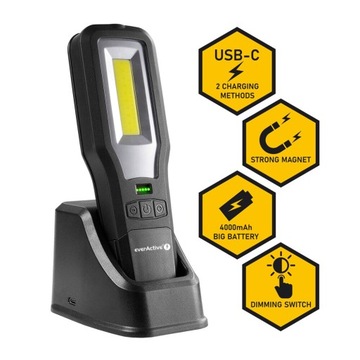Аккумуляторный фонарь для мастерских с магнитом everActive WL-600R, сильный магнит
