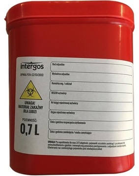 POJEMNIK NA ODPADY MEDYCZNE, ZUŻYTE IGŁY CZERWONY INTERGOS 0,7L PŁASKI