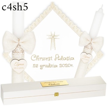 ŚWIECA NA CHRZEST + PUDEŁKO SZATKA I ŚWIECA DO CHRZTU HAFT + GRAWER - BOHO