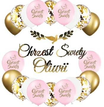 Balony różowe na Chrzciny CHRZEST baner IMIĘ