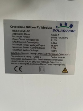 Моносолнечный фотоэлектрический модуль мощностью 50 Вт