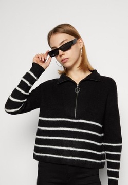 Sweter w paski, rozpinany pod szyją, czarny, biały Noisy May XS