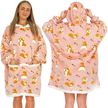KOC BLUZA CIEPŁA OVERSIZE GRUBA 2W1 XXL KOCOBLUZA DAMSKA PSY PIESKI CORGI