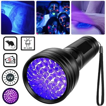 CZARNY PRZENOŚNA LATARKA UV, ALUMINIOWA LATARKA RĘCZNA Z 51 DIODAMI LED