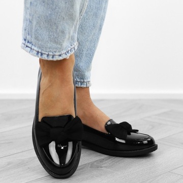 Черные женские туфли, лакированный бантик, легкие мокасины LP666, размер 38.